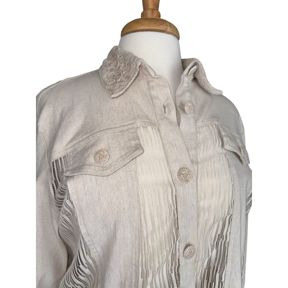 VTG Nancy Bolen Linen Blend Shacket 14 Beige Lace Button Up Boho Coastal Chic